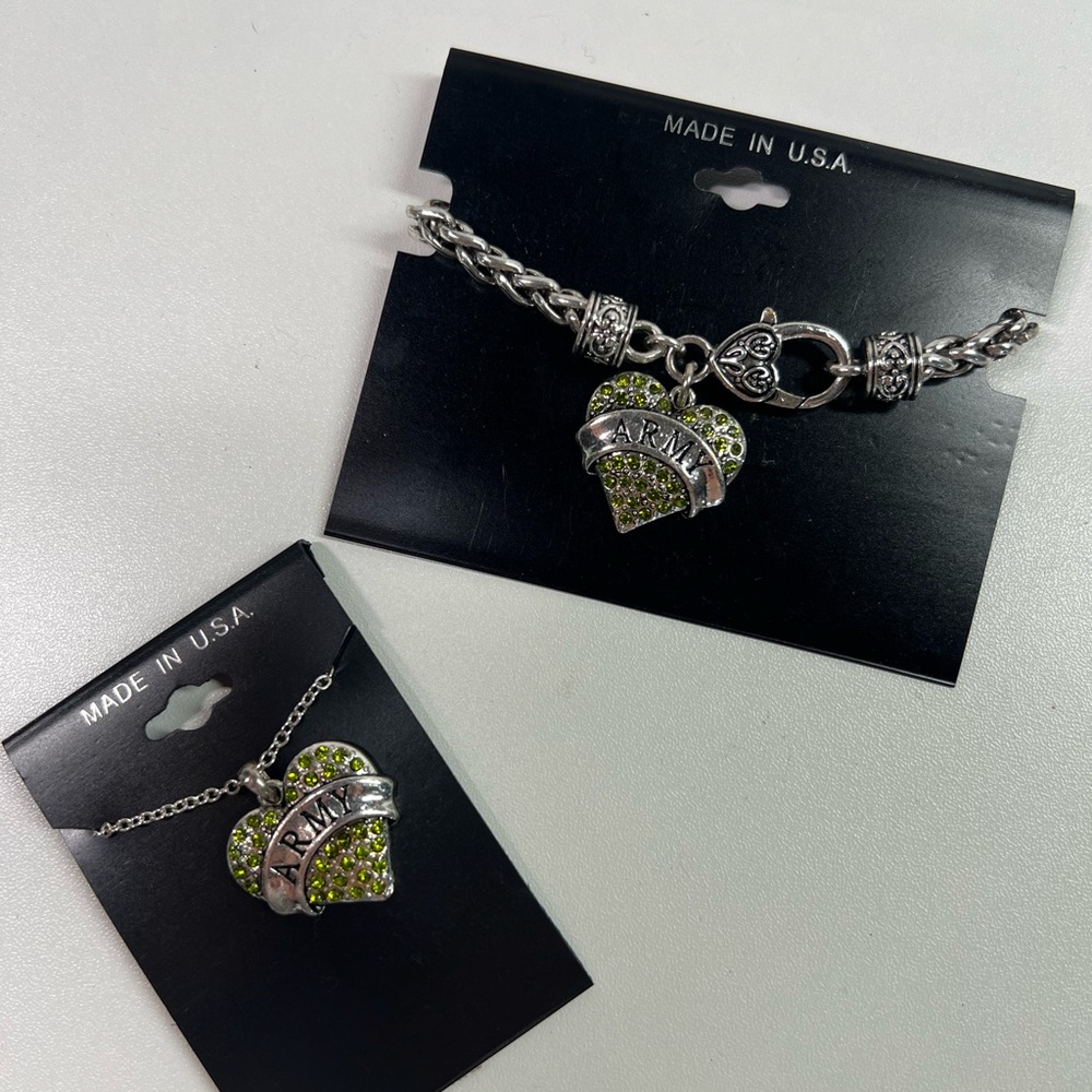 HEART RHINESTONE Army CHARM Necklace and BRACELET